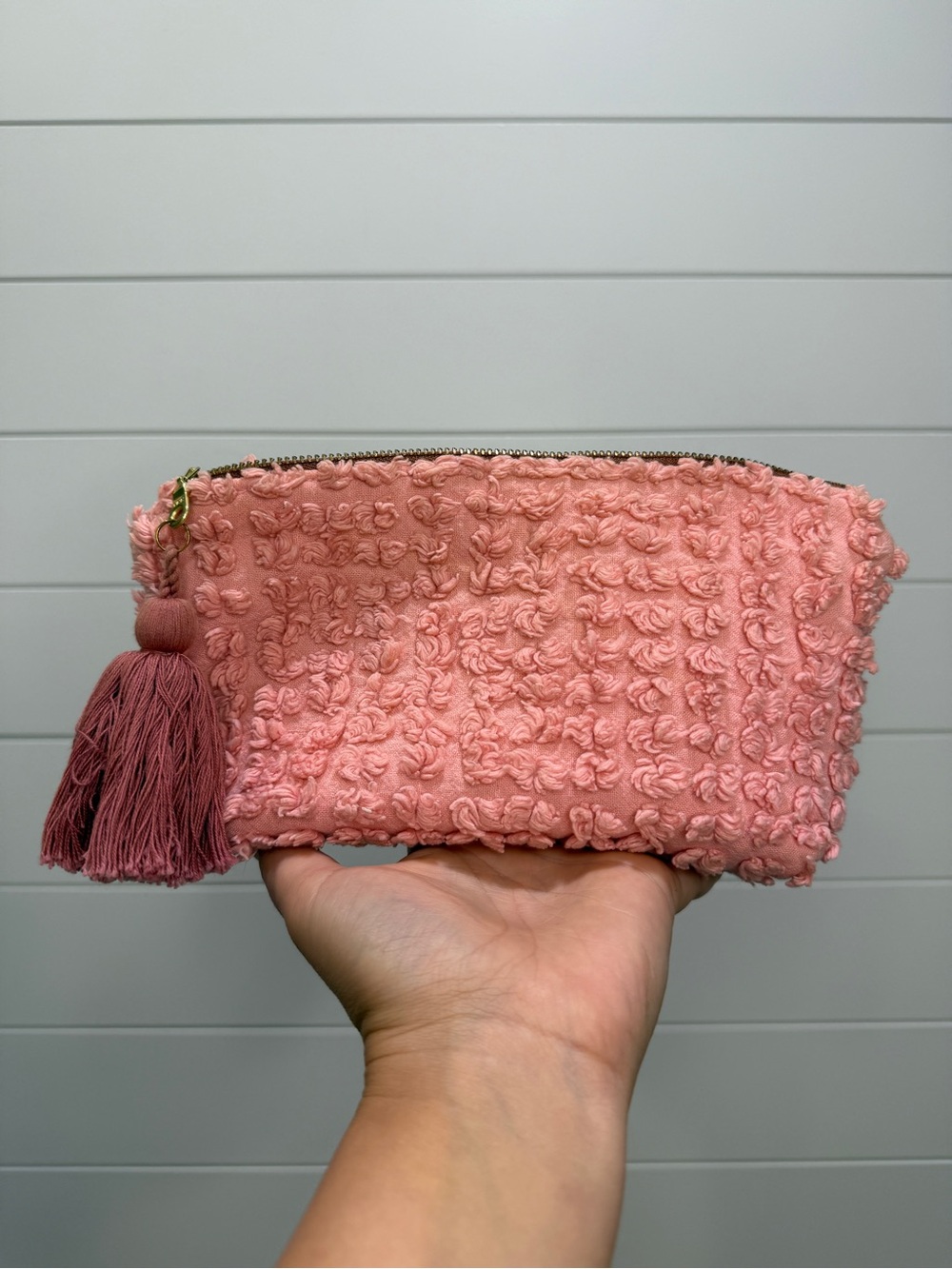Anthropologie Blush Pink Textured Tassel Essential Oil Bag
